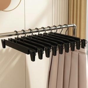 10 Space-Saving Black Plastic Pants Hangers with Adjustable Clips