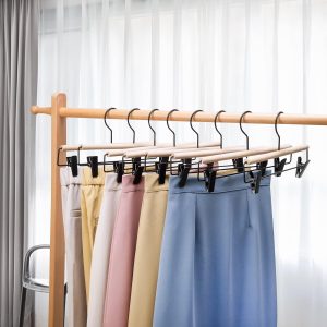 10 Natural Beech Wooden Pants Skirt Hangers with Adjustable Clips