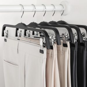 10 Slim Natural Wood Skirt Hangers with Adjustable Metal Clips